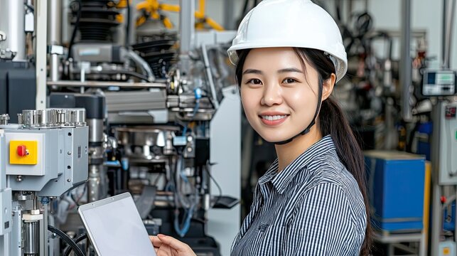 A worker in a yellow hard hat and goggles is happily using a laptop near industrial machinery in a busy facility