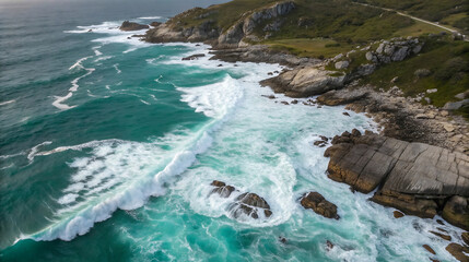 Aerial view of powerful ocean waves crashing on rocky coast
