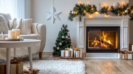 Naklejka premium A warm living room adorned with a beautiful Christmas tree, elegant decorations, and a charming fireplace with holiday cheer