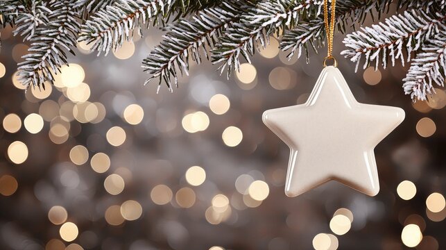 A beautiful star and shiny ornaments are hanging from a festive tree, surrounded by soft, warm lights creating a joyful atmosphere