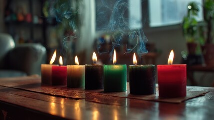 Cozy candlelit atmosphere with colorful wax candles on wooden table in dimly lit room
