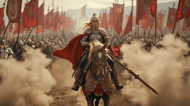 Golden Armored Female Commander on Horseback Leading a Massive Army with Red Banners Through a Dusty Battlefield in an Epic Historical Fantasy War ...