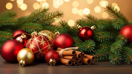 Festive Christmas decorations with red and gold ornaments and cinnamon sticks create a warm, inviting holiday scene perfect for seasonal promotions