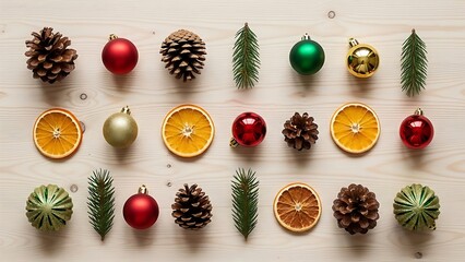 Festive flat lay of Christmas ornaments and natural elements, ideal for holiday cheer, seasonal promotions, or cozy winter themes, creating a warm inviting feeling.