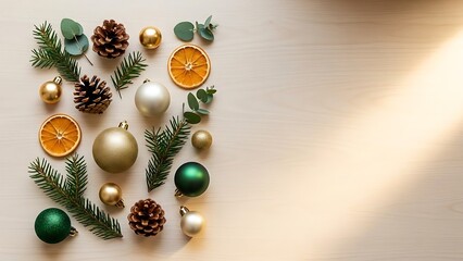 Celebrate holiday cheer with a festive flat lay featuring pine cones, evergreen branches, dried oranges, and shimmering ornaments, perfect for seasonal designs