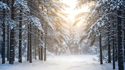 Magical winter wonderland forest covered in fresh white snow, sun shining through trees, creating serene atmosphere, perfect for holiday season and winter themes