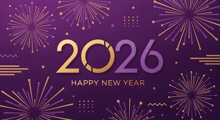 Celebrate the 2026 New Year with vibrant fireworks and a modern purple background design element.