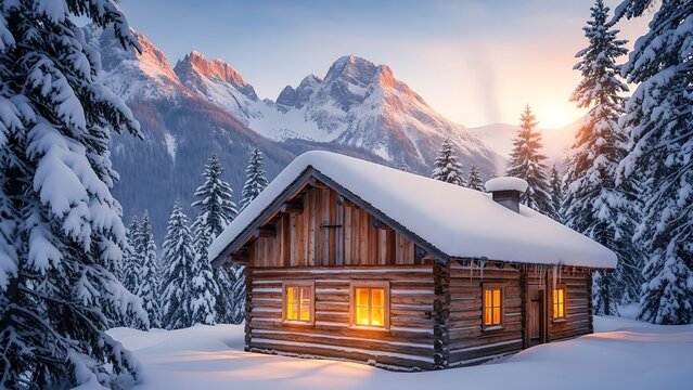 Serene winter wonderland with cozy log cabin glowing amidst snowy forest and majestic mountains, beckoning adventure and tranquil escapes for holiday travel