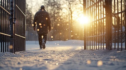 Naklejka premium A person strolls down a snowy path, enjoying a quiet moment during sunset, surrounded by bare trees and a chilled winter atmosphere