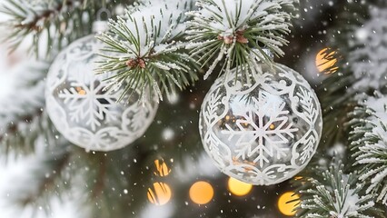 Elegant winter scene with snowy Christmas ornaments hanging on a frosted tree branch, creating a magical and festive atmosphere for holidays
