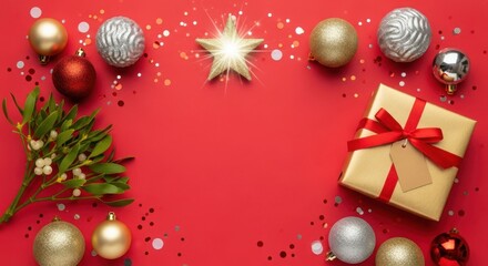 Festive christmas decorations and gift box on red background