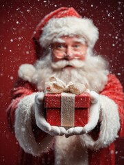 santa claus holding and offering a gift on his hand no logos no brands ar 34
