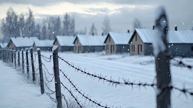 Individuals traverse a snowy path lined with barbed wire, heading towards a series of wooden buildings in a cold landscape
