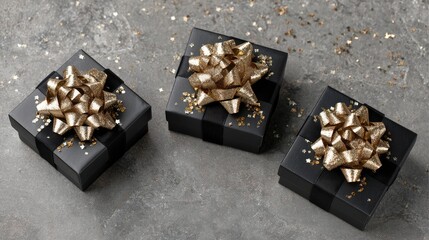 Black gift boxes with golden ribbons sit on a dark surface scattered with heart-shaped confetti, creating a festive vibe