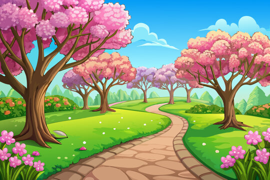 vector of A beautiful spring countryside path surrounded by pink trees creates an attractive and peaceful atmosphere.