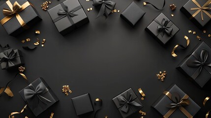 Three chic black gift boxes with gold bows sit on a dark surface, surrounded by shiny confetti for a festive vibe