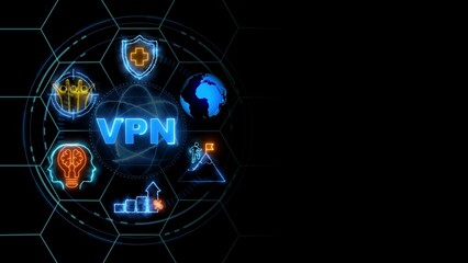 VPN concept, Business, Technology, Internet and network concept. glowing neon line of VPN banner web icons on virtual screen.