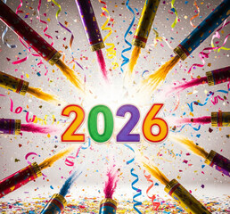 Bonne ann&eacute;e 2026 color&eacute; avec des cotillons