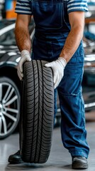 Obraz premium A skilled worker adjusts three new tires while preparing for vehicle maintenance in a bright, organized garage setting
