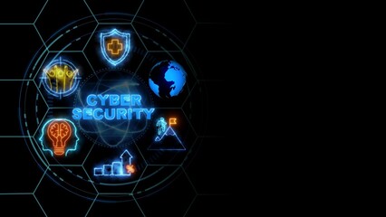 Cyber security concept, Business, Technology, Internet and network concept. glowing neon line of Cyber security banner web icons on virtual screen.