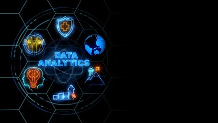 Data analytics concept, Business, Technology, Internet and network concept. glowing neon line of Data analytics  banner web icons on virtual screen.