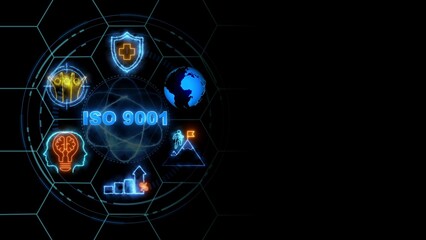 ISO 9001 concept, Business, Technology, Internet and network concept. glowing neon line of ISO 9001 banner web icons on virtual screen.