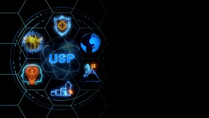 USP concept, Business, Technology, Internet and network concept. glowing neon line of USP banner web icons on virtual screen.