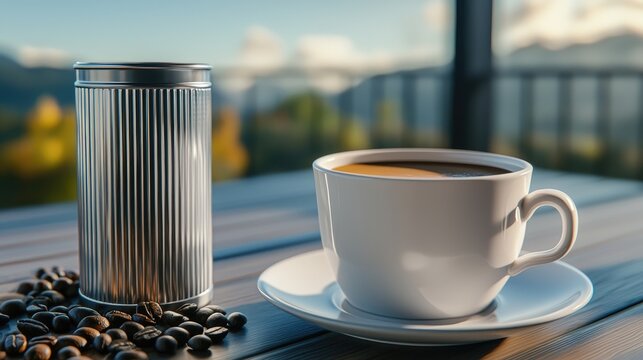 Rich espresso sits in a white cup beside scattered coffee beans on a light wooden surface, inviting a warm coffee moment