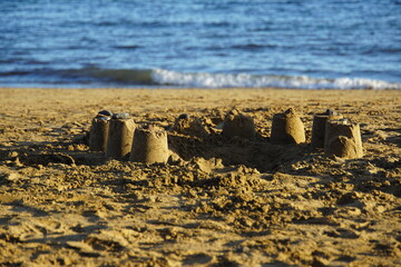 sand castle, beach, black sand, atlantic ocean, sunset, lanzarote, matagorda, puerto del carmen,...
