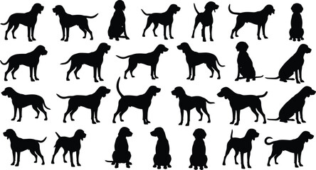 Detailed Dog Silhouette Vector Bundle with 24 Poses Including Standing, Running, Sitting, and Walking, Ideal for Pet Shop Logos, Veterinary Clinics, and Animal-Themed Graphic Design Projects.