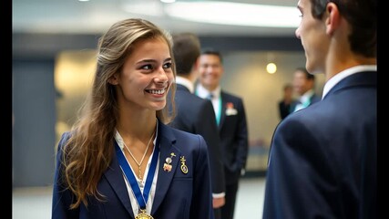 A student proudly receives a gold medal for academic achievement during a ceremony in a prestigious auditorium in the evening hours of an inspiring graduation event