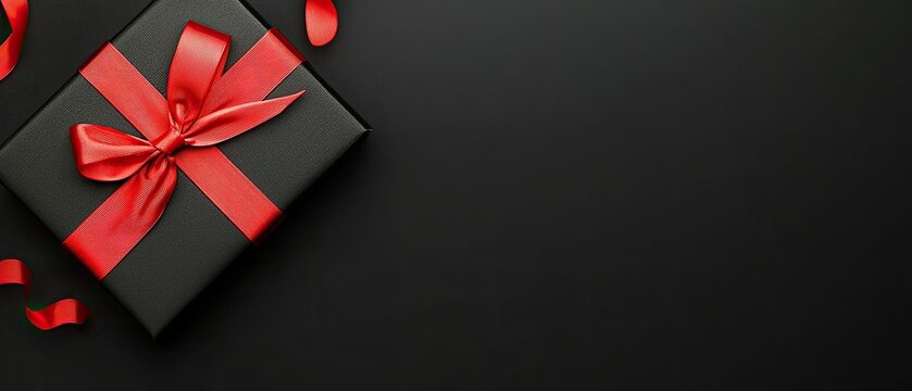 A stylish black gift box tied with a red ribbon rests on a smooth dark surface, ideal for festive events and celebrations
