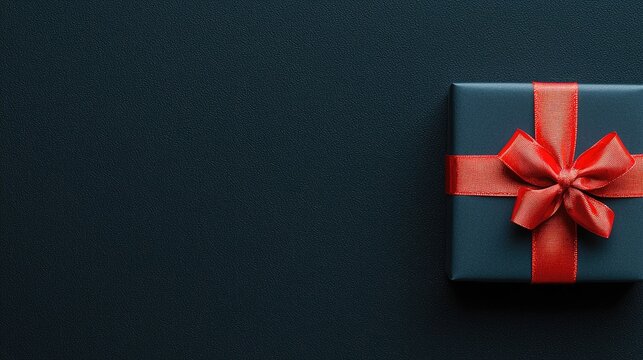 A stylish black gift box tied with a red ribbon rests on a smooth dark surface, ideal for festive events and celebrations