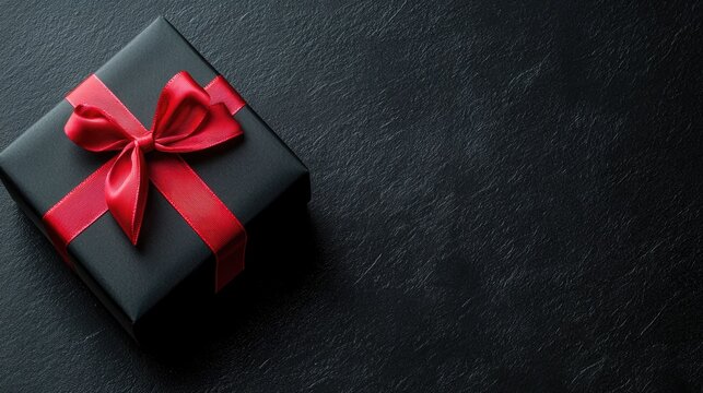 A stylish black gift box tied with a red ribbon rests on a smooth dark surface, ideal for festive events and celebrations