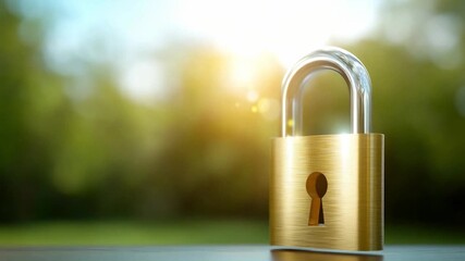 Golden Security: A gleaming golden padlock stands as a symbol of security against a background of lush greenery bathed in sunlight.