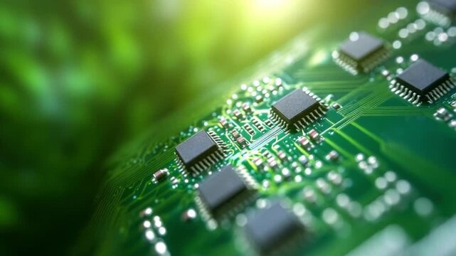 Circuit Board with Natural Edge: A close-up shot of a sophisticated circuit board, the intricate network of components set against a blurred background of vibrant green.