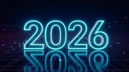 Blue neon 2026 number glowing and reflecting on a dark digital circuit background, a new year or technology concept - Powered by Adobe