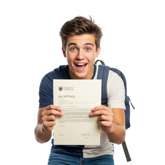 Excited young man holding university acceptance letter with backpack on black background view front on transparent background