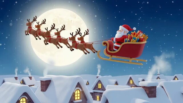 Santa Claus flying with reindeer pulling a sleigh full of presents over snow-covered village rooftops at night with a full moon. Christmas holiday concept.