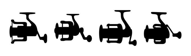 Set of black fishing reel silhouettes on white background