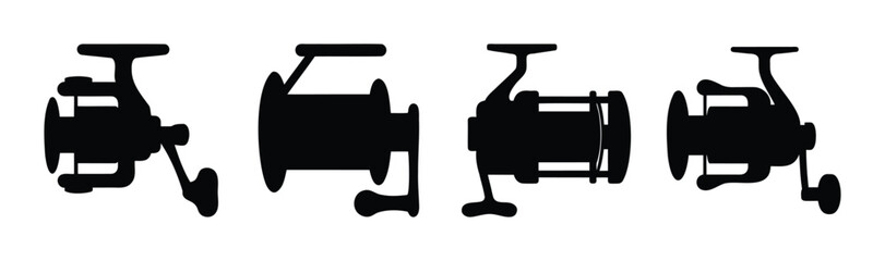 Four fishing reel black silhouettes on isolated background