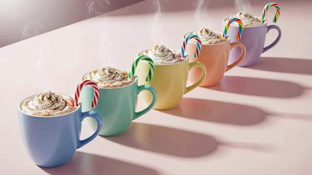Steaming row of colorful ceramic mugs filled with whipped cream and candy canes on a pink table. Holiday beverage for Christmas season.