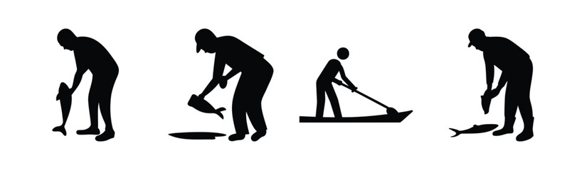 Fishermen silhouettes, various fishing activities, isolated