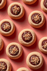 Overhead view of fictional Chocolate Hazelnut Thumbprint Cookies on a light coral background. Christmas cookies with hazelnut spread and crispy hazelnuts. Concept for festive family menus, bakeries.  