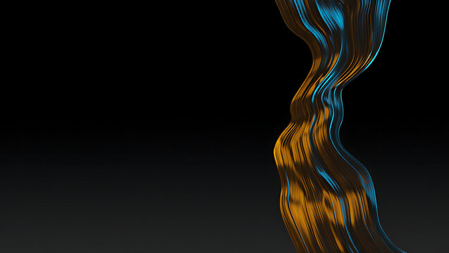 Abstract 3d render of a flowing liquid with golden and blue reflections