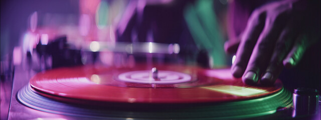 Spinning a bright red vinyl record in a vibrant club atmosphere at night with colorful lights