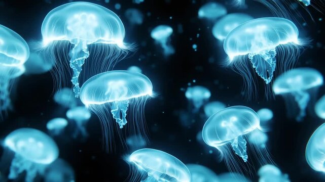 Glowing blue jellyfish drift through dark waters, illuminated by ethereal blue light, creating a mesmerizing underwater display at night
