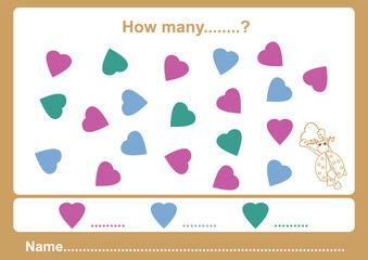 How many. Counting educational games kids, kids activity sheet. How many task objects. Learning math, numbers, addition themes, stock vector illustration