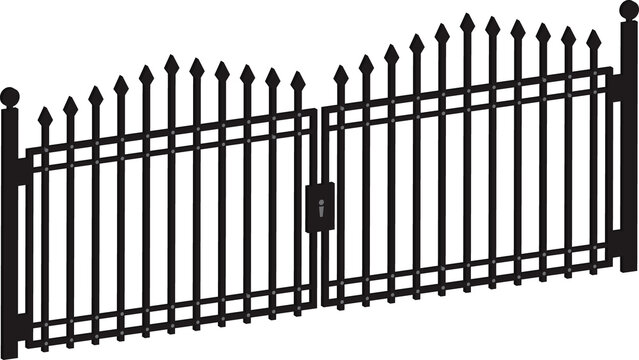 Isometric wrought iron gate illustrations. Black metal fence entrance in different styles.