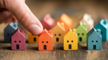 Colorful wooden toy houses arranged on a wooden surface with a finger pointing at one of them, symbolizing selection, real estate choices, and childhood nostalgia.
